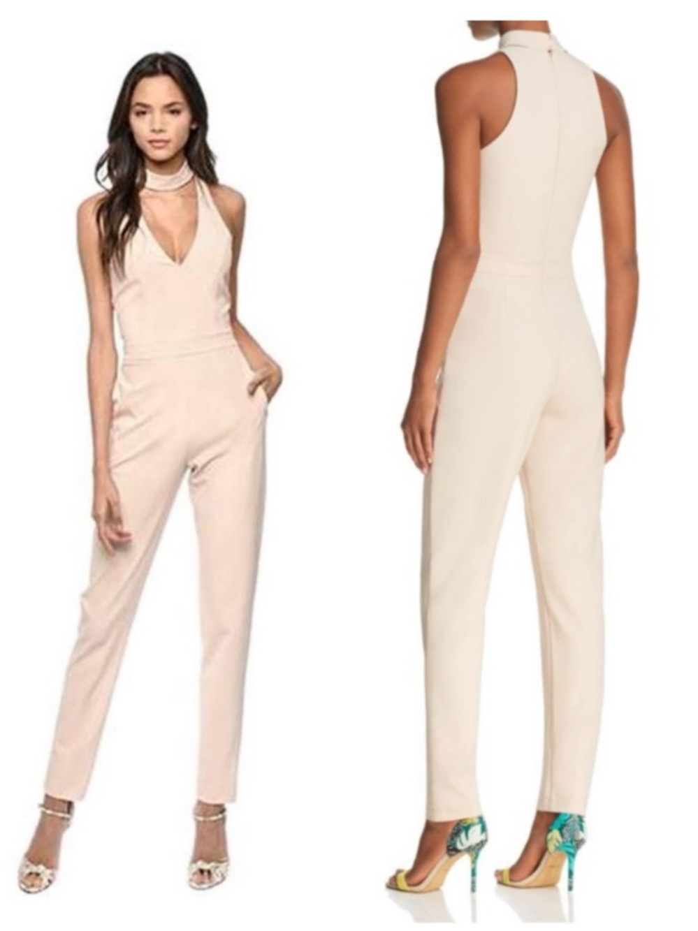 Karina Grimaldi Vanna Cutout Halter Jumpsuit Cream Pockets Straight Leg XS